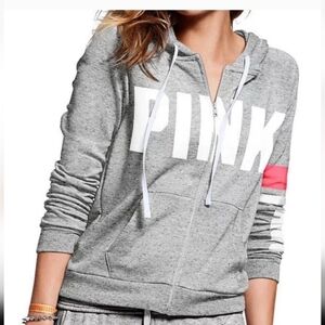 Victorias Secret PINK Gray French Terry Stripe Graphic Logo Full Zip Hoodie XS